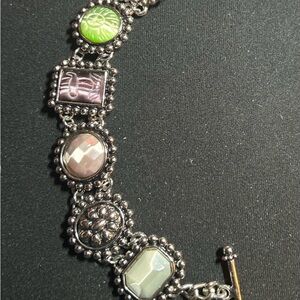 Silver Tone Engraved Multi  Stone Link Bracelet Toggle Clasp